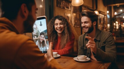 Friends engage in a video call during a coffee date, connecting through a mobile phone 