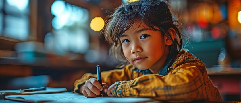 Youngster, studying, using a pen and paper at their desk, answering a question on arithmetic. A young pupil who is perplexed and needs help with the classroom assessment.
