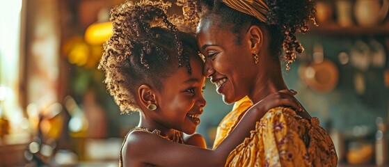 In the kitchen, a joyful African American mother and daughter are dancing..