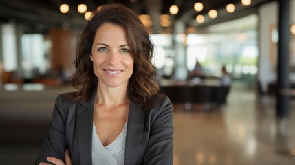 attractive smiling auburn businesswoman inside modern contemporary corporate office, closeup - obrazy, fototapety, plakaty
