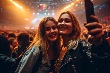 Selfie image of two girls friends at a music concert in a giant indoor arena