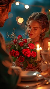 A romantic meal with a man handing a woman a bouquet of roses,.