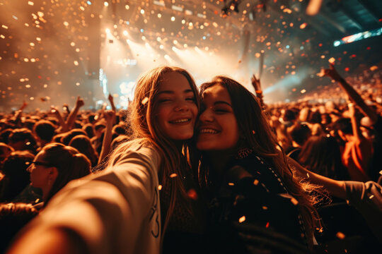 Selfie image of two girls friends at a music concert in a giant indoor arena