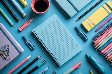A variety of writing utensils and notebooks on a blue table. - obrazy, fototapety, plakaty