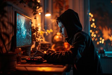 A young man wearing a hoodie and using a computer.
