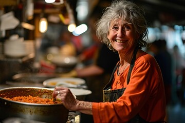 A woman in an orange shirt cooking in a kitchen - obrazy, fototapety, plakaty