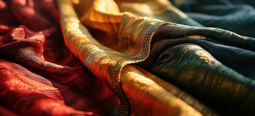 A colorful fabric with a gold and red design