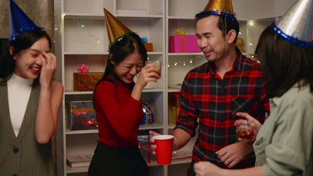 Friends join and celebrate the party with eating foods and drinks. Happy and joyful in holiday weekend and festival.