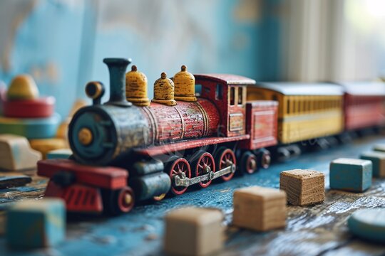 A wooden toy train with red wheels and yellow and red train cars.