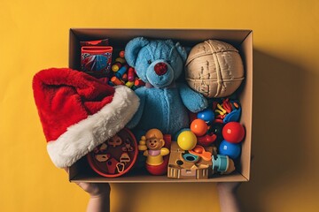 A box of toys, including a teddy bear and a ball, is displayed on a yellow background.