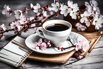 Obraz na płótnie Canvas cup of coffee with flowers spring