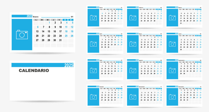 Spanish 2025 calendar with spanish holidays. Week start on monday. Calendar with place for photo. Vector Illustration.	