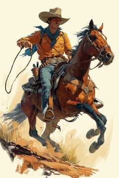 A cartoon-style cowboy with a wide-brimmed hat, boots, and a lasso, riding a horse