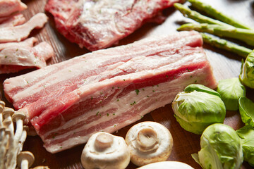 Raw meat on plate with various spices and vegetables	