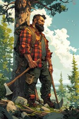 Fototapeta na wymiar A cartoon-style lumberjack with a flannel shirt, beard, and an axe, standing next to a large tree