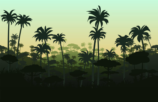 Spreading palm trees silhouette. Tropical forest. Dense jungle with big trees. Thickets of plants. Cartoon fun style. Flat design. Vector