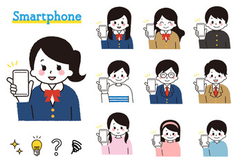 スマホを操作する学生のイラスト。