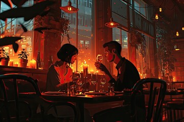 Fototapeta na wymiar A couple enjoying a romantic candlelit dinner, contemporary digital art with a flat design aesthetic