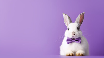 white rabbit with bow tie on purple background