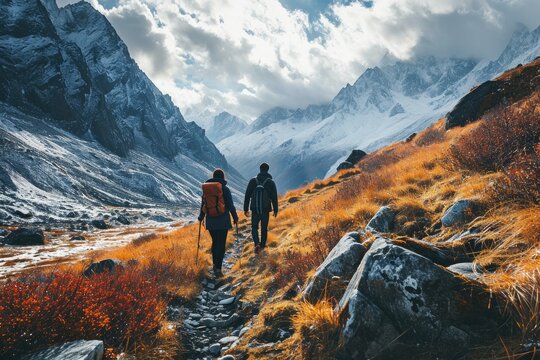 A couple hiking in the mountains, adventure style with rugged terrain and breathtaking nature