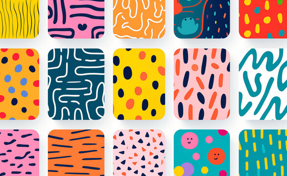 Set of colorful line doodle seamless patterns. Embrace a creative and minimalist style, crafting art backgrounds with basic shapes. 