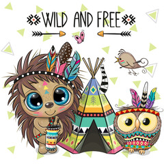 Cartoon tribal Owl and Hedgehog with feathers