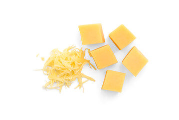 Cheese cubes isolated on white background.