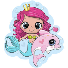 Cute cartoon mermaid with pink dolphin