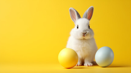 white rabbit with Easter eggs on a pale yellow background, Easter mood
