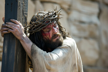 Jesus Christ wearing a crown of thorns carries his cross, Good Friday