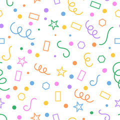 Fun colorful line doodle seamless pattern. Creative minimalist style art background for children or trendy design with basic shapes. Simple party confetti texture, childish scribble shape backdrop. 