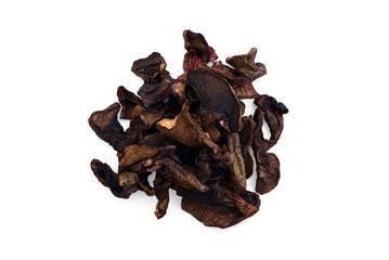 Sliced dried mushrooms isolated on white background.