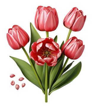 Bouquet of Red Tulip flower plant with leaves cutout on transparent background. Valentine's day-wedding. advertisement. product presentation. banner, poster, card, t shirt, sticker.