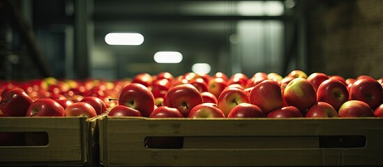 Apple being prepared for cold storage in a factory.