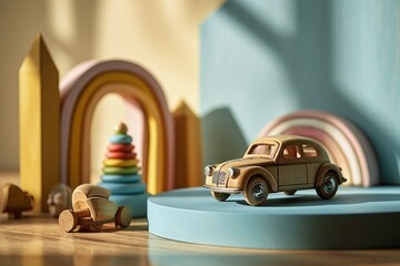 A wooden toy car on a blue table.