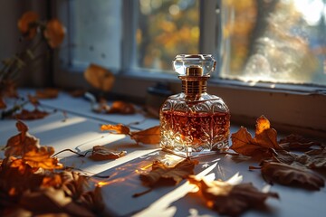 A bottle of wine on a table with leaves.