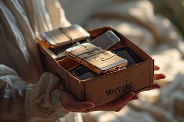 A person holding a box filled with cell phones.