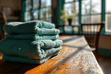 A stack of blue towels on a wooden table - obrazy, fototapety, plakaty