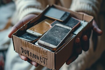 A box filled with various cell phones. - obrazy, fototapety, plakaty