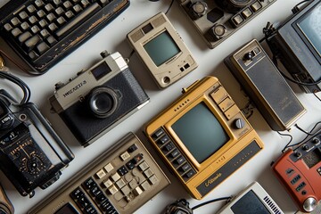 Vintage Electronics: A Collection of Old-Fashioned Keyboards, Cameras, and Computers - obrazy, fototapety, plakaty