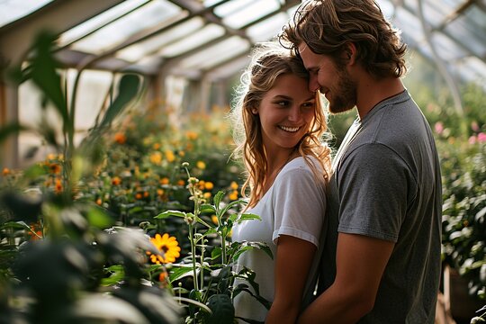 A couple posing for a picture in a flower garden.