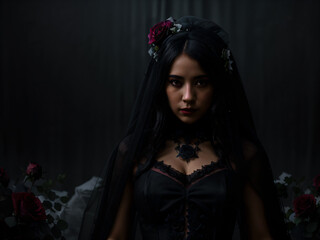 Beautiful gothic bride in black dress