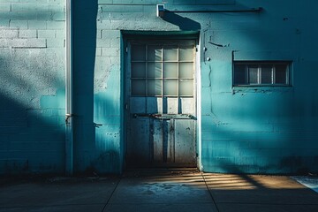A blue doorway with a window and a metal frame