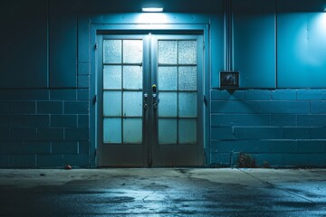 A dark blue doorway with a yellow lock - obrazy, fototapety, plakaty