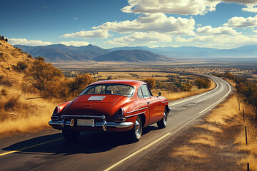 Vintage red sports car rides an empty mountain highway on a sunny day, rear view - obrazy, fototapety, plakaty