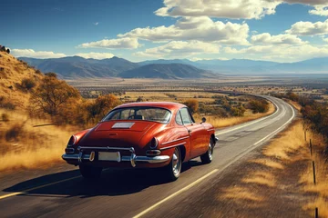Schilderijen op glas Vintage red sports car rides an empty mountain highway on a sunny day, rear view © evannovostro