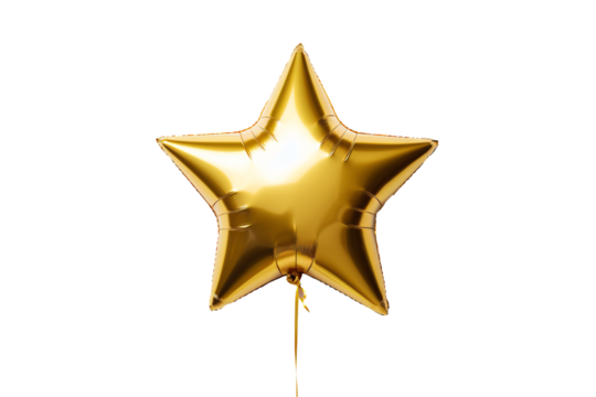 Shiny star shaped golden foil balloon on transparent or white background