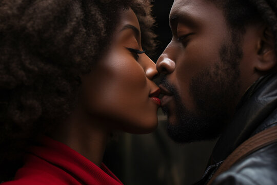Close up of young black couple in love kissing