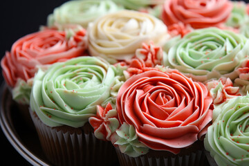 Cupcakes Decorated with Floral Frosting Designs. generative ai