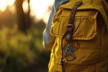 A yellow backpack with a leather strap and a metal buckle. - obrazy, fototapety, plakaty